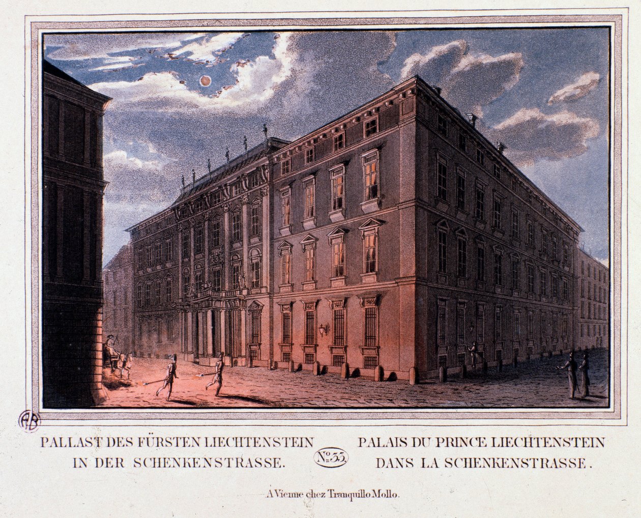 Udsigt over Prins Lichtensteins palads i Wien, Østrig. Stik fra 1820 Privat samling af Unknown artist