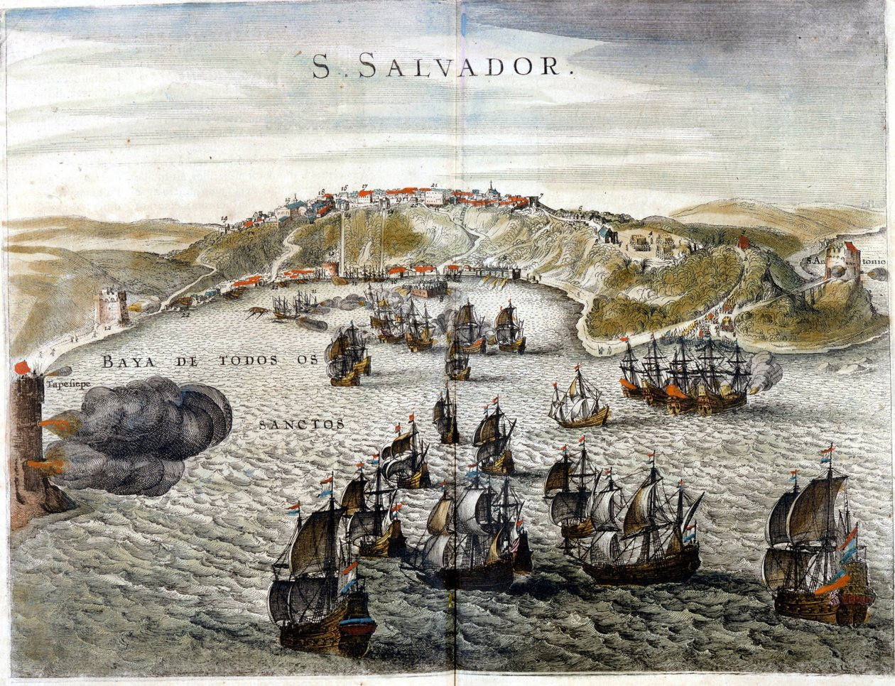 Udsigt over Salvador, tidligere kendt som Bahia, Brasiliens hovedstad i 1549, da det blev grundlagt - Indgravering af det 16. århundrede af Unknown artist