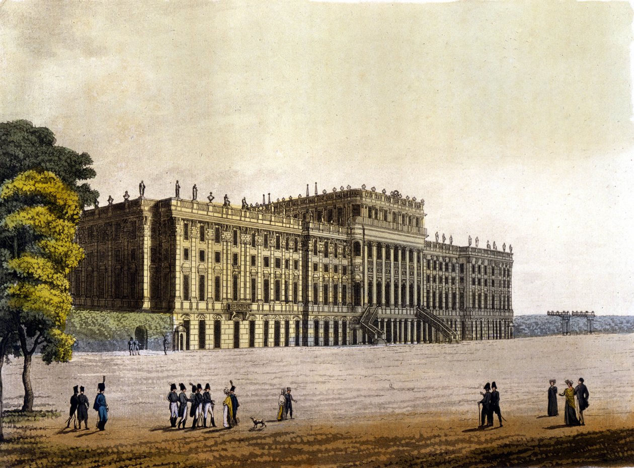 Udsigt over Schönbrunn Slot, tidligere residens for den østrigske kejserfamilie, Wien, Østrig, gravering omkring 1830 af Unknown artist