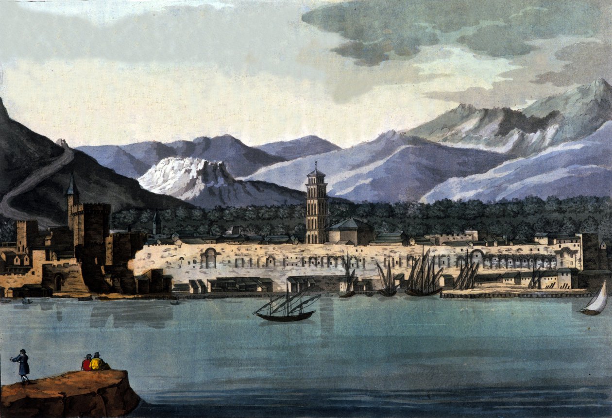 Udsigt over Split (Spalato), Kroatien, fra havet. Akvarel fra begyndelsen af 1800-tallet af Unknown artist