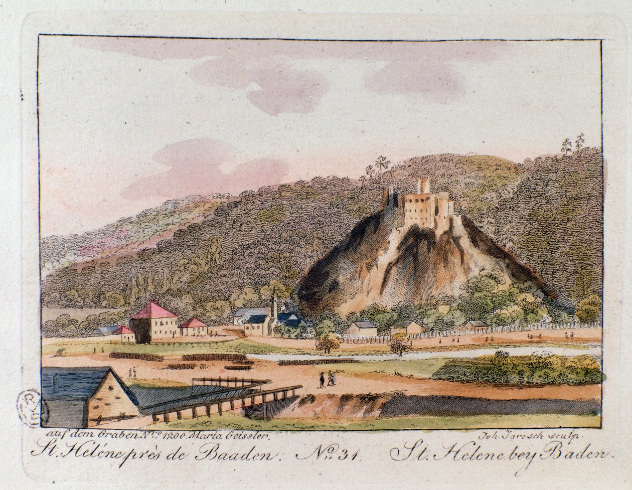 Udsigt over St. Helene (St. Helene) i Baden, Østrig. Stik fra 1815 Privat samling af Unknown artist
