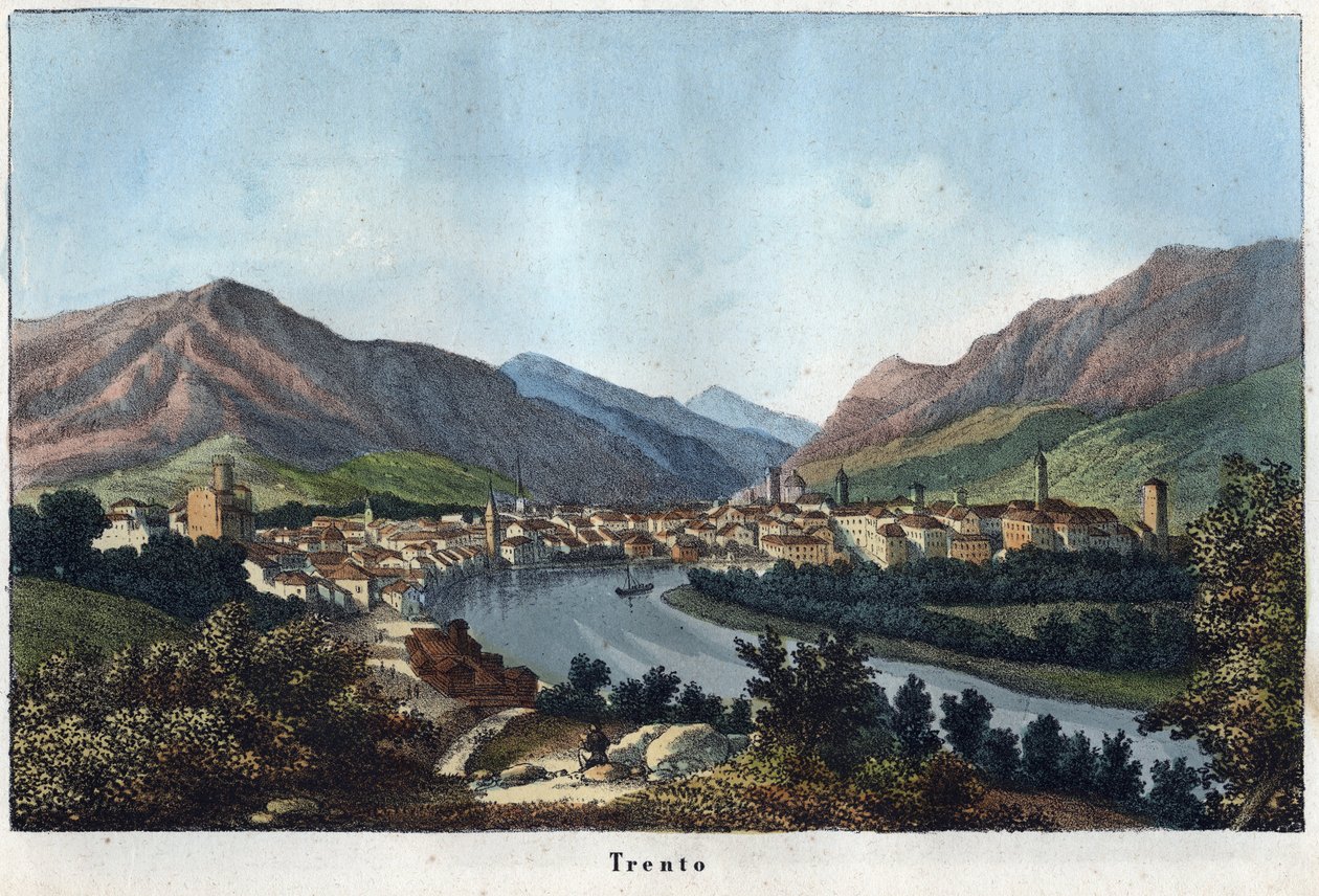 Udsigt over Trento (Sydtyrol, Italien) (Trento) - 1800-tallet - gravering fra "" Anvendelser og skikke for alle folk i universet. Det er historien om regeringen, lovene, militsen, om religionen af ​​alle nationer fra de fjerneste tider op til dagene af Unknown artist