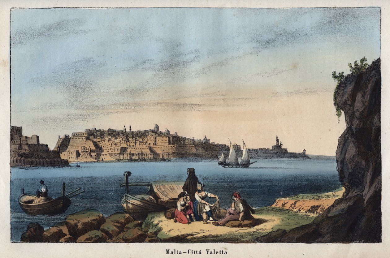 Udsigt over Valletta (Malta) i det 19. århundrede - gravering fra "" Skikke og traditioner for alle folk i universet. Det vil sige historien om regeringen, lovene, militsen, om alle nationers religion fra de fjerneste tider til i dag "1856 af Unknown artist