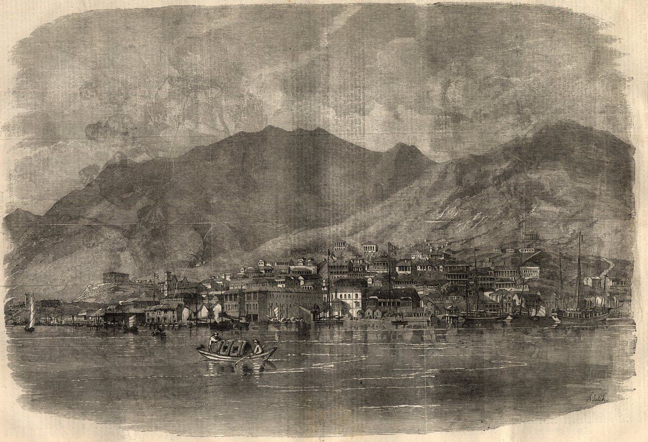 Udsigt over Victoria City i Hong Kong. Indgravering i ""The Illustrated London News"" af 14. marts af Unknown artist