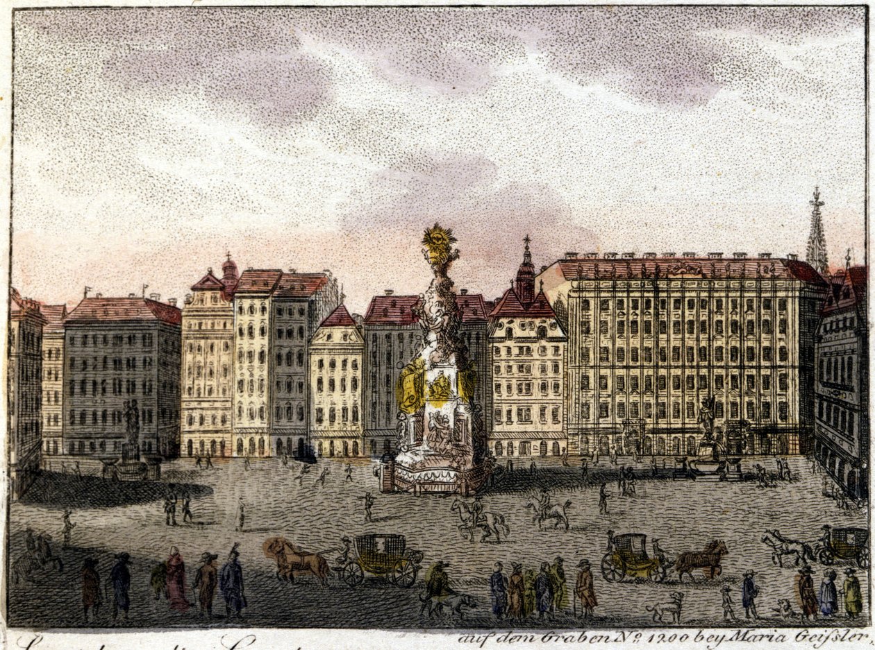 Udsigt over Wien og Graben-pladsen (hul), som har fået sit navn fra den grøft, som romerne gravede for at forsvare byen. Litografi fra halvdelen af 1800-tallet. af Unknown artist