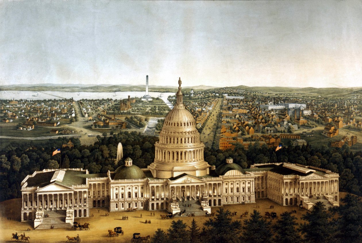 Udsigt over Washington og Det Hvide Hus i en forestilling fra 1820. af Unknown artist