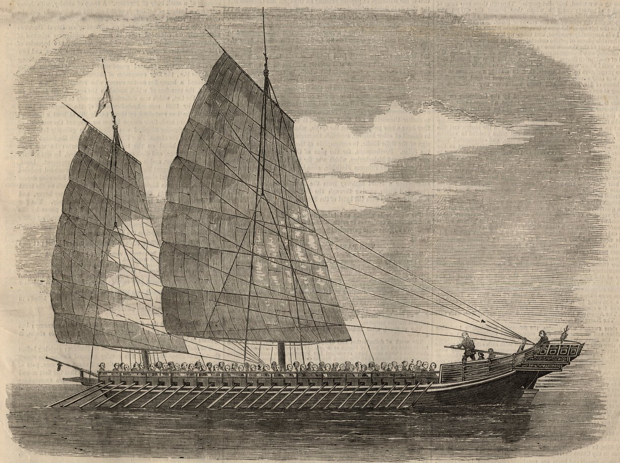 Udsigt over et kinesisk piratskib i Canton. Indgravering i ""The Illustrated London News"" af 31. januar af Unknown artist