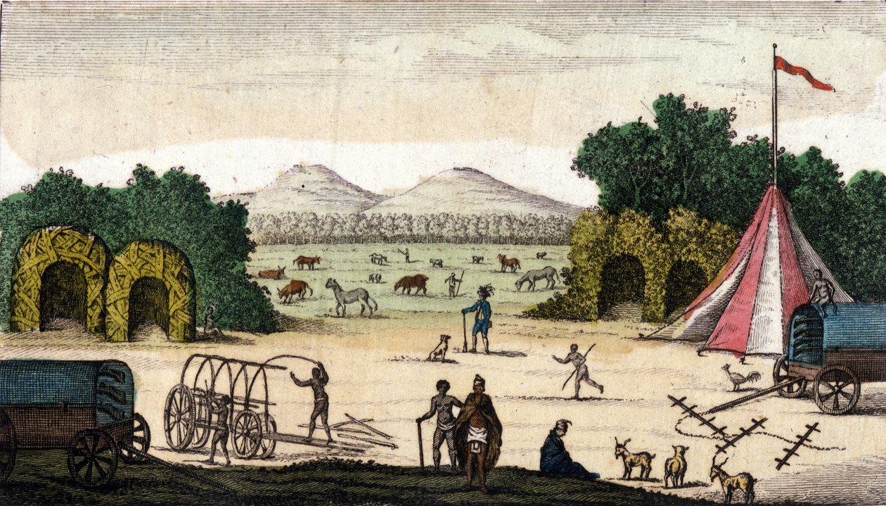 Udsigt over en hollandsk lejr (fra Pioneers Boers eller Voortrekkers, Afrikaners) i Pampoen Kraal (Pampoen-Kraal), Cape Province, Sydafrika. 1860 af Unknown artist