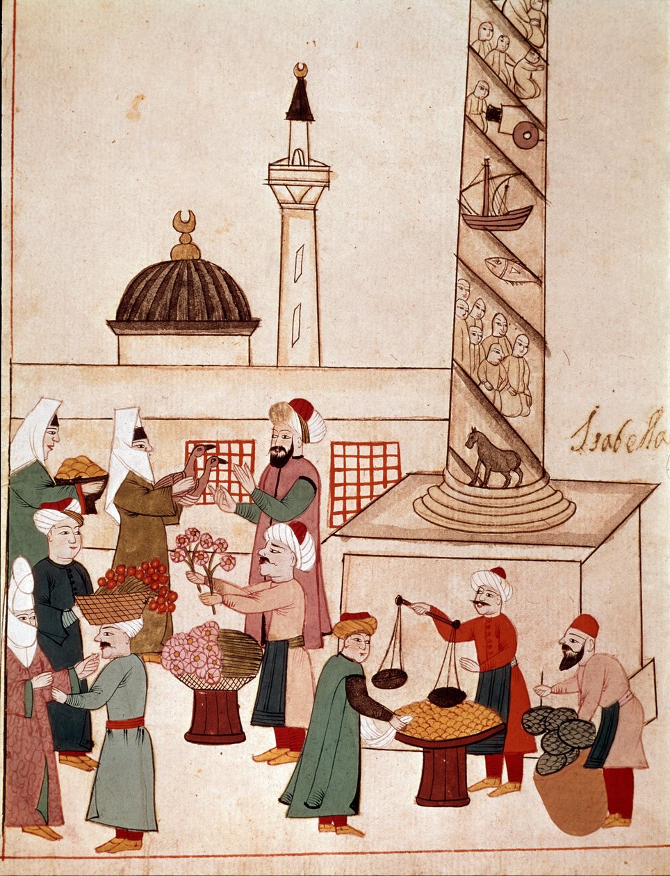 Udsigt over en basar i Konstantinopel. Miniature taget fra et Cicogna-manuskript fra det 19. århundrede (1828) efter en original fra det 17. århundrede (1671). Venedig, Biblioteca Marciana af Unknown artist