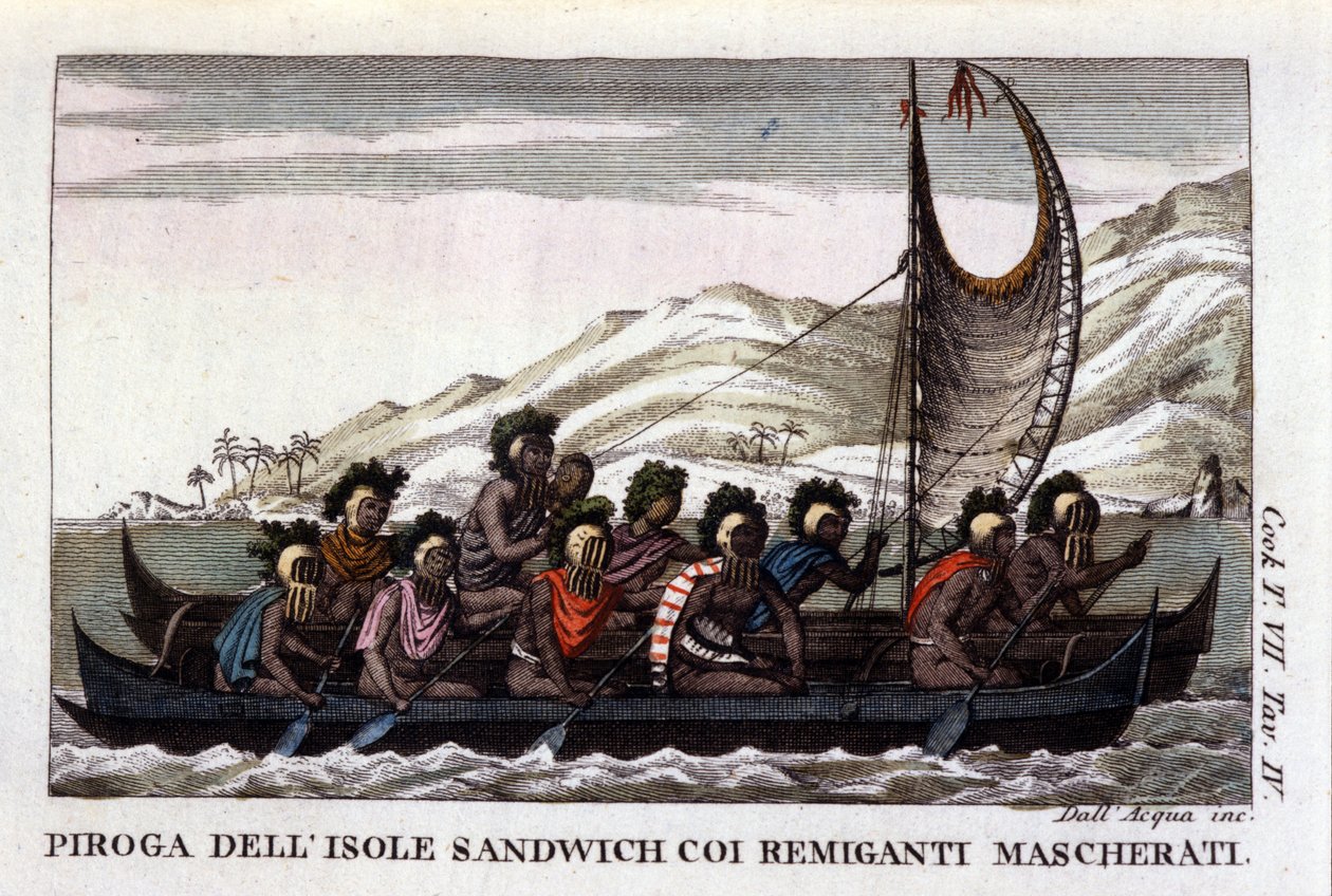 Udsigt over en kano med sejl fra Hawaii-øerne i Polynesien, besætningen bærer typiske masker. Litografi fra begyndelsen af 1800-tallet af Unknown artist