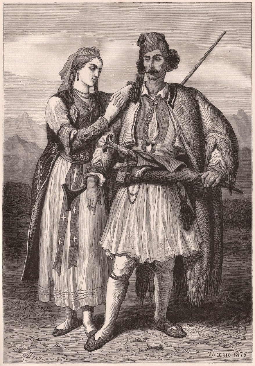 Udsigt til et par i albansk traditionel dragt i det XIX århundrede af Unknown