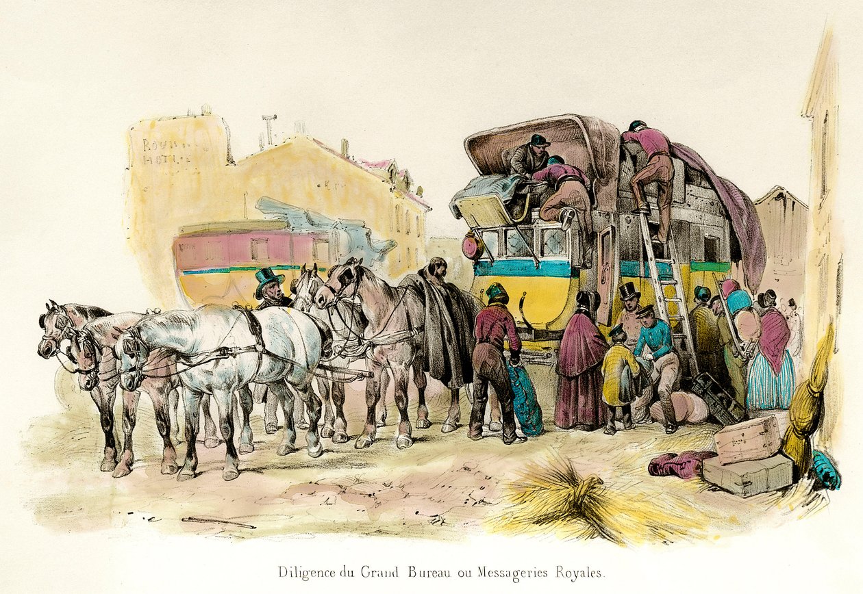 Udsigt over en flid fra Grand Bureau eller Royal Messageries, service indstiftet af Anne Robert Turgot (1727-1781): lastning af passagerers bagage. Indgravering af privatsamlingen fra det 19. århundrede af Unknown artist