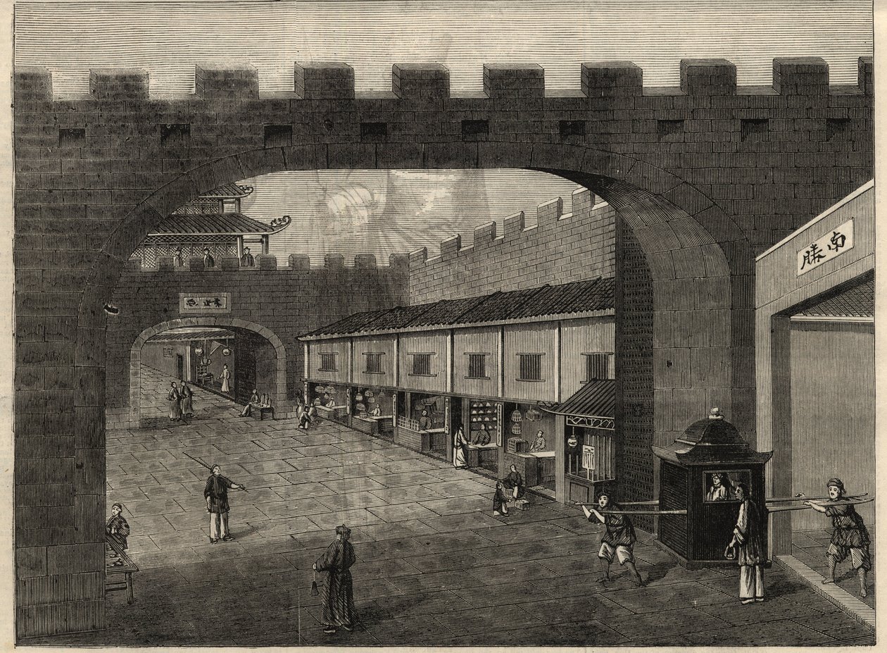Udsigt over en gade i bymuren i Guangzhou, Kina. Indgravering i ""The Illustrated London News"" af 14. februar 1857. af Unknown artist
