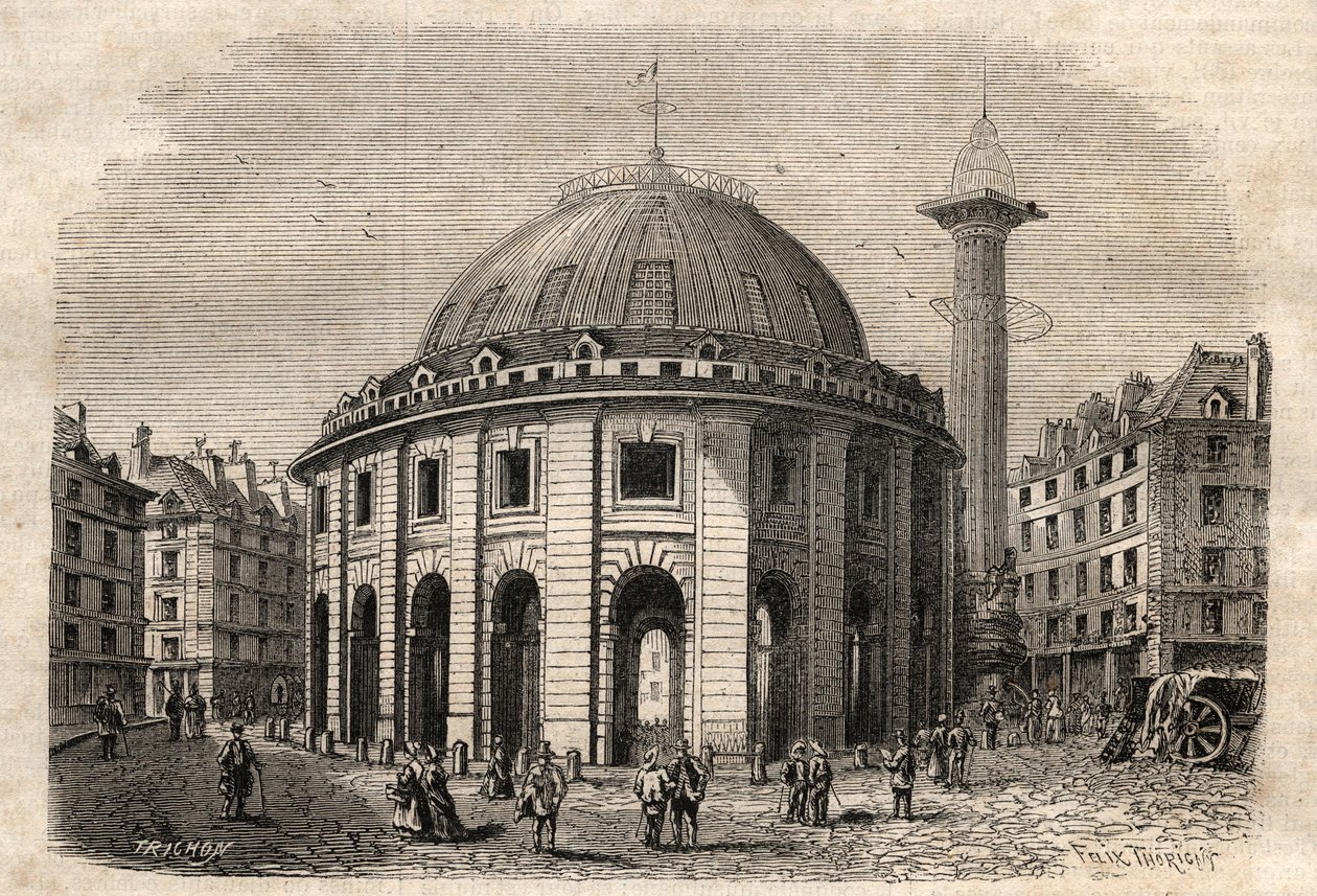 Udsigt over halle au ble i Paris (bygget i 1763-1769) og Medici-søjlen, gravering fra begyndelsen af det 19. århundrede - hvede- og majsudveksling i Paris (bygget i 1763-1769), gravering i begyndelsen af det 19. århundrede - Vue de la Halle au ble, placere af Unknown artist