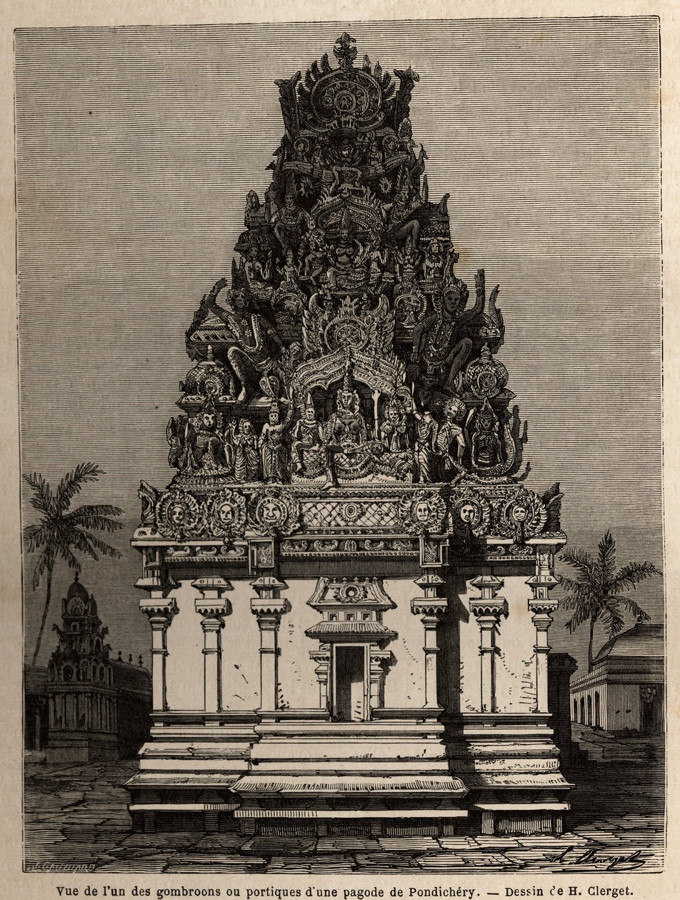Udsigt over en af gombrooons eller porticos af en pondichery pagode (Pondicherry) (Indien). Gravering til illustration af en ekspedition til pagoden Chillambaran (Coromandel cote), fra 1838 til 1844, af kontraadmiralen Paris, direktør for depot des cartes af Unknown artist