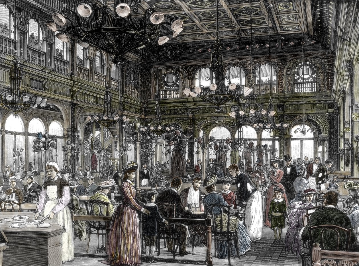 Udsigt over en af restauranterne (bouillon), billigt arbejderspisested, grundlagt af Alexandre Duval i Paris 1880 - 1885. 1800-tallet (gravering) af Unknown artist