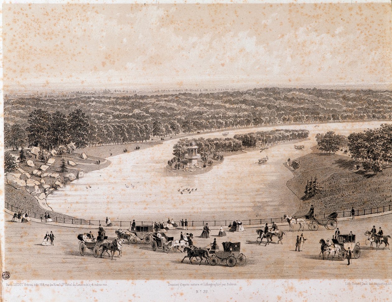 Udsigt over Bois de Boulogne i Paris. Litografi fra 1850. Privat samling af Unknown artist