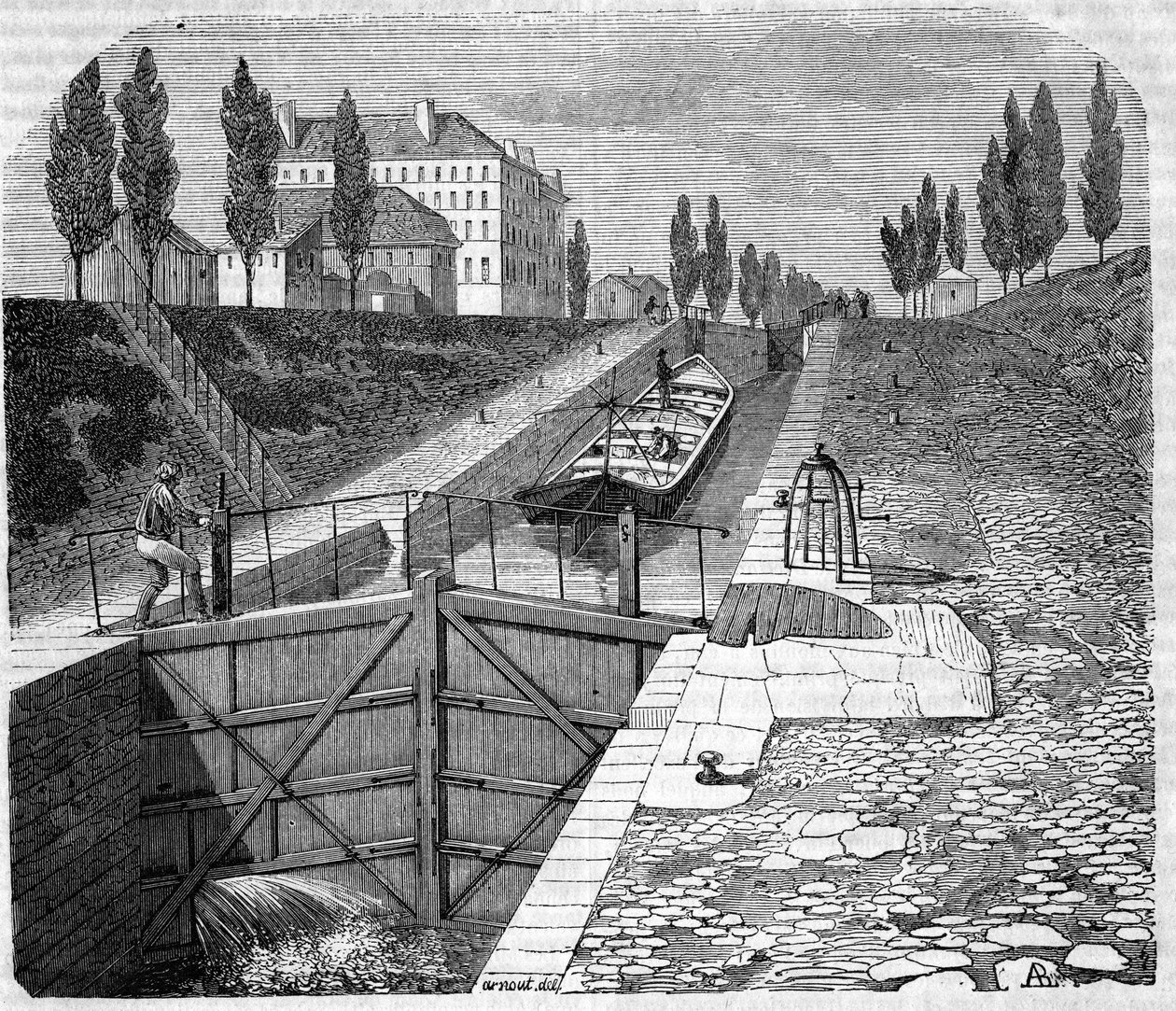Udsigt over Canal Saint Martin i nærheden af Paris. af Unknown artist