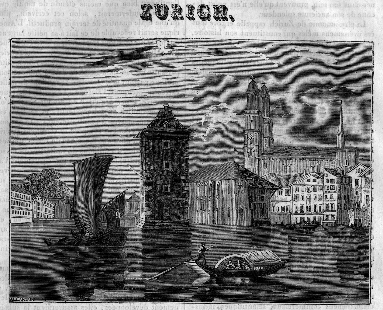 Udsigt over byen Zürich (Zurigo) i Schweiz i det 19. århundrede. af Unknown artist