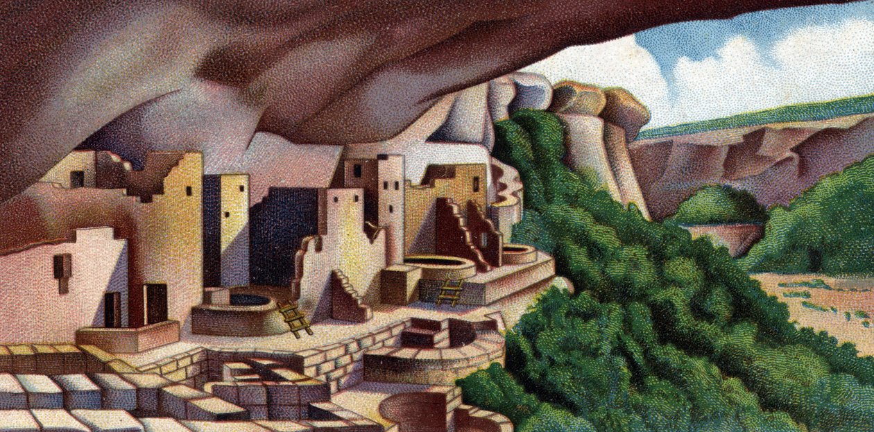 View of the Cliff Palace (Ancient Pueblo Building) Mesa Verde National Park, USA (Udsigt over klippepaladset, den største klippe-bolig i Nordamerika, struktur bygget af det gamle Pueblo-folk ligger i Mesa Verde National Park, Colorado Usa) 1930