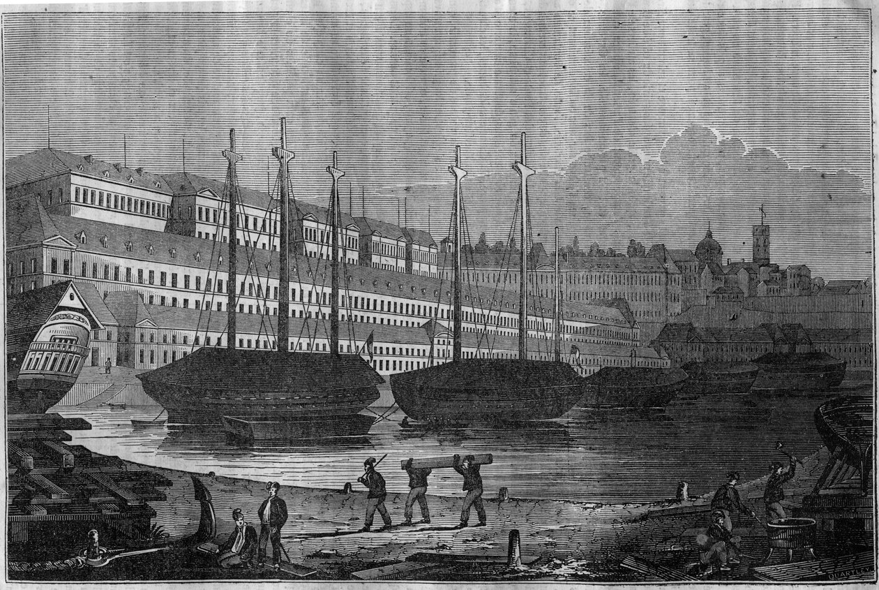 Udsigt over Corderies, Bagne og Saint Louis-tårnet (Saint-Louis) i Brest. I "" Den maleriske butik"" 1835 af Unknown artist