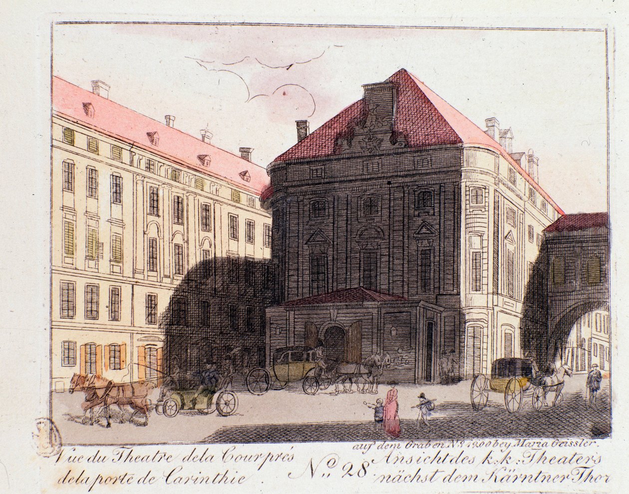 Udsigt over Hofteatret nær Kärntenporten (Karntnertortheater eller Theater am Karntnertor) i Wien, hvor Beethovens 9. symfoni første gang blev repræsenteret den 07/05/1824. Østrig. Stik fra 1815 Privatsamling af Unknown artist