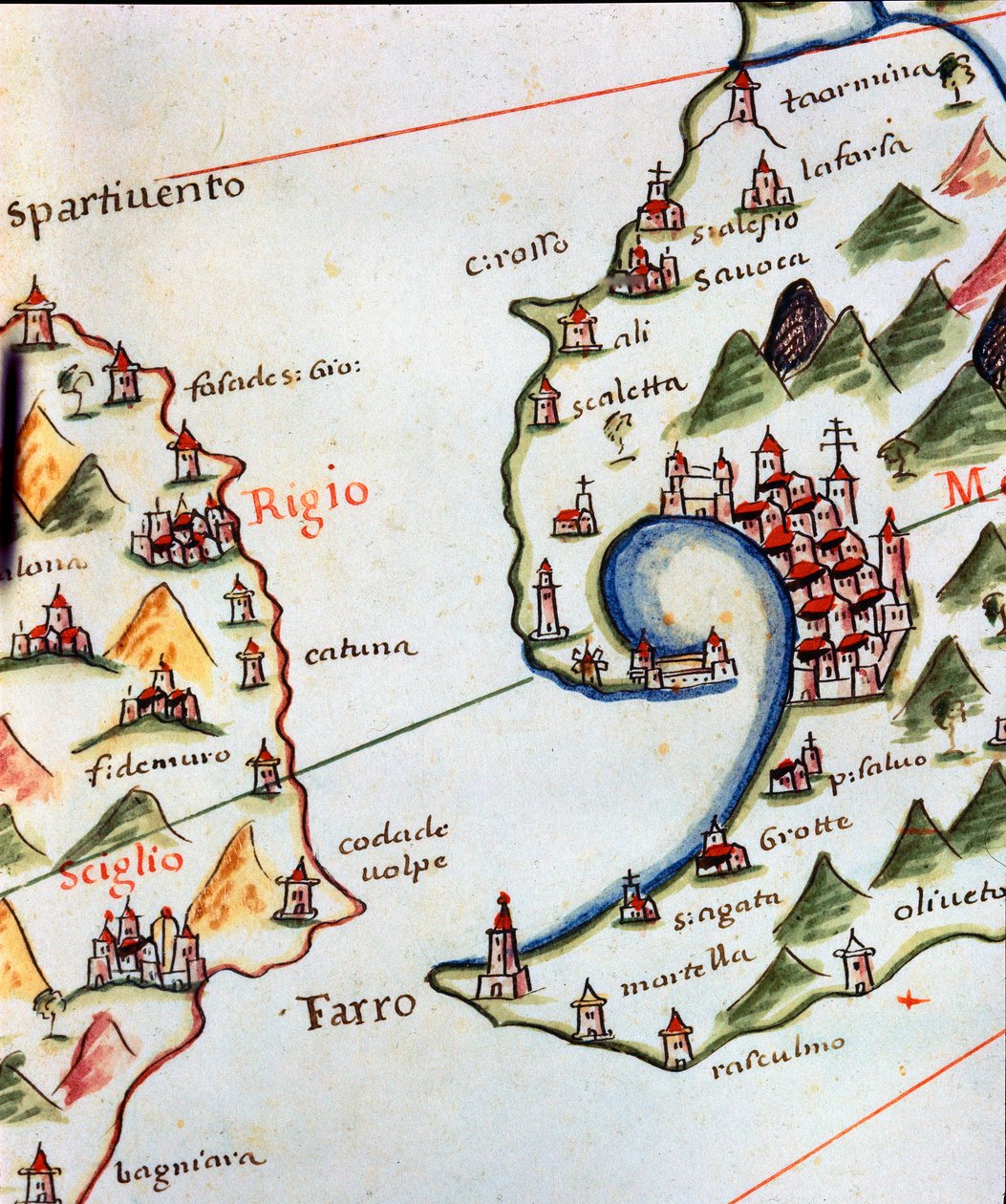 Udsigt over Detroit af Messina mellem Calabrien og Sicilien i Italien. Detalje af portulan af Castellini af Unknown artist