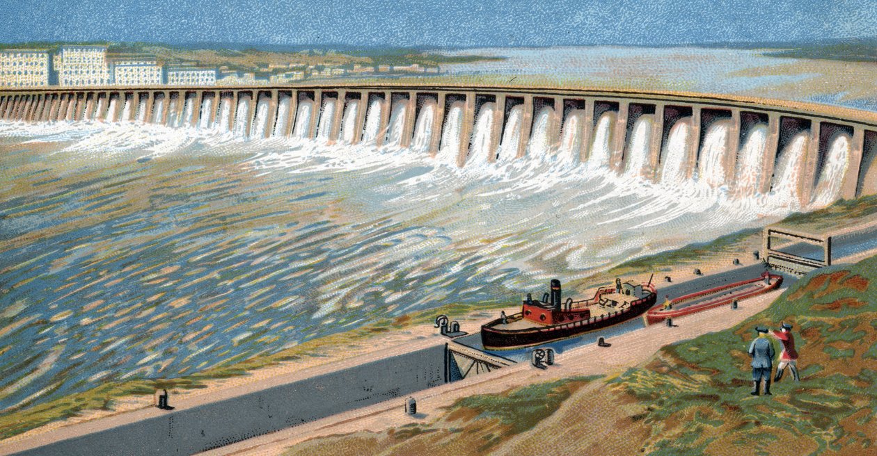 Udsigt over Dnepr-vandkraftværket eller Dneprostroi-dæmningen, der blev bygget for at stimulere den sovjetiske industrialisering af Iosef Stalin i 1932 Kromolitografi af Unknown Artist