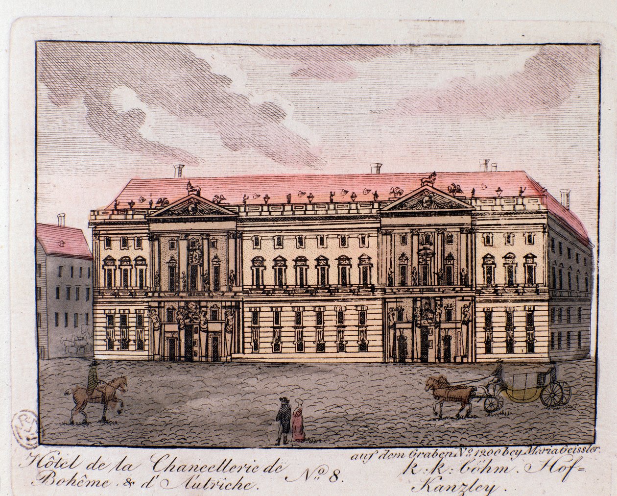 Udsigt over hotellet for kancelliet i Boheme og Østrig i Wien, Østrig. Stik fra 1815 Privatsamling af Unknown artist