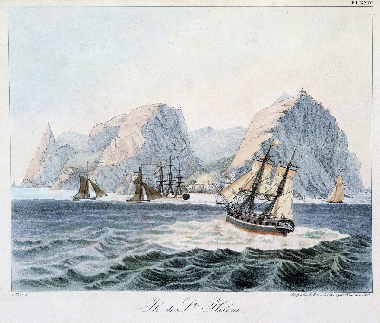 Udsigt over øen St. Helena i "" Udsigter og landskaber af jævndøgnregionerne, samlet på en rejse rundt i verden"", sd. begyndelsen af det 19. århundrede af Unknown artist