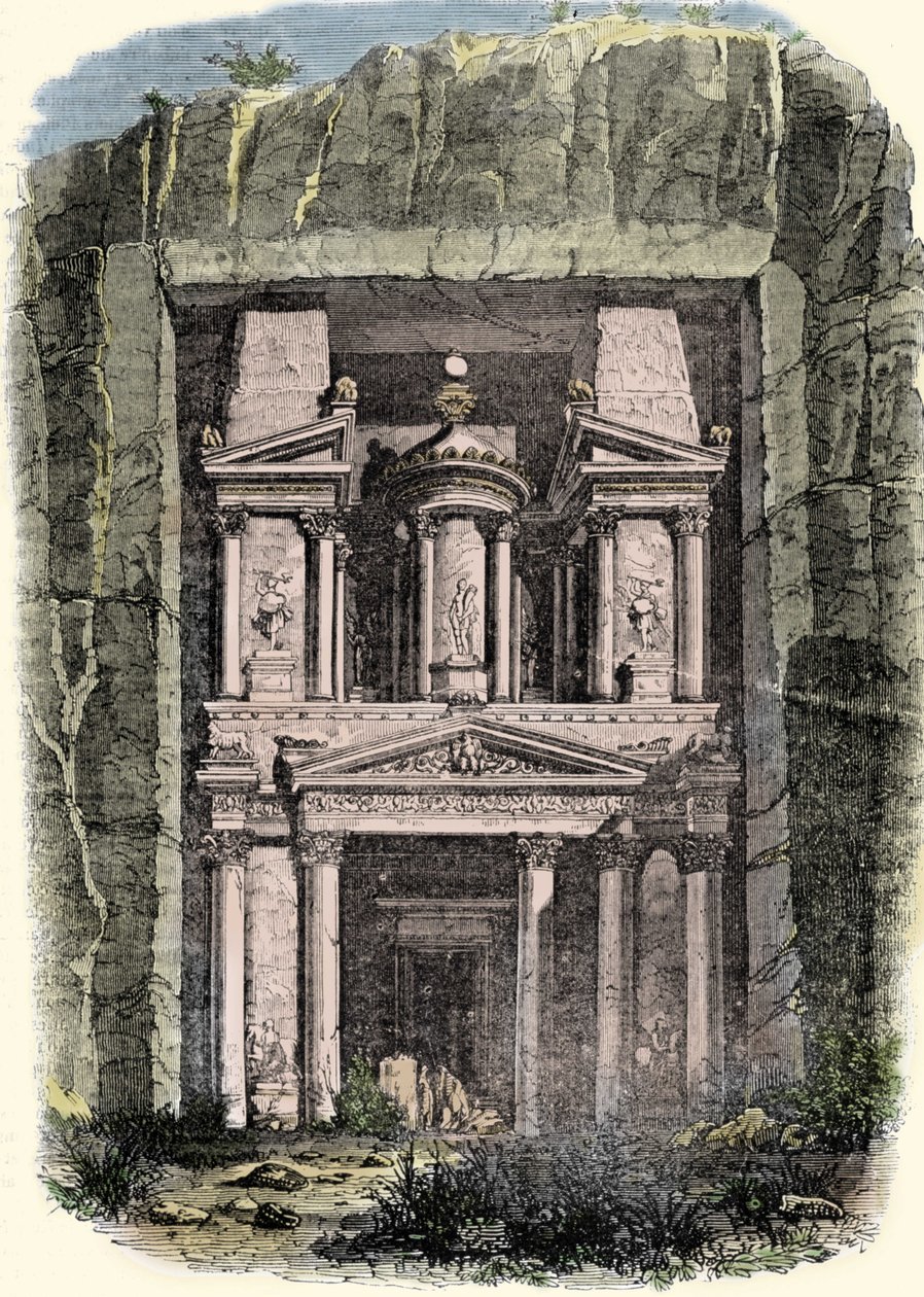 Udsigt over Khazneh (skatkammeret) i Petra i Jordan, tidligere hovedstad i det nabatæiske imperium. Indgravering af det 19. århundrede af Unknown artist