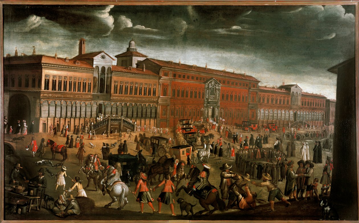 Udsigt over Ospedale Maggiore (Grand Hospital) på dagen for tilgivelsesfesten i Milano I dag er State University. Pladsen er animeret af sælgere, lokale, tiggere, tyve og religiøse processioner. Anonymt maleri omkring 1670-1780 Dim. 142 af Unknown artist