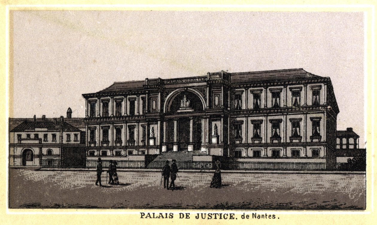 Udsigt over justitspaladset i Nantes (Loire-Atlantique, Pays de la Loire), Frankrig. Kromolitografi i slutningen af ​​det 19. århundrede. af Unknown artist