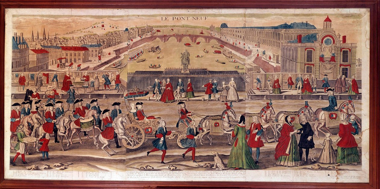 Udsigt over Pont-Neuf i Paris Du kan også se Hotel de Conty, klosteret Saint Germain des Pres, College of Four Nations, Invalides, Mont du Calvaire, Quai d