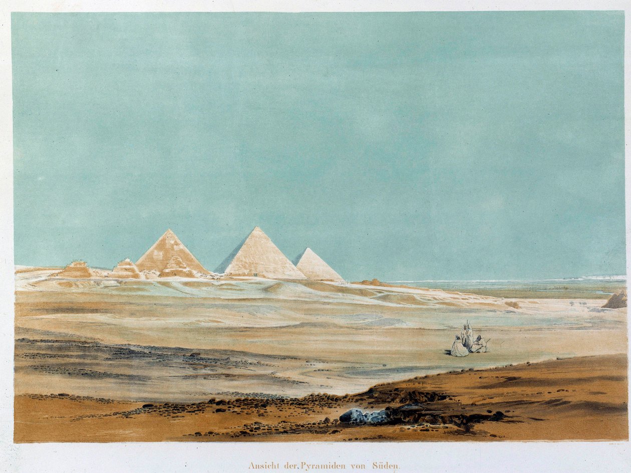 Udsigt over pyramiderne i Giza (Giza, Giza, Giza), Egypten. Illustration af det 19. århundredes Paris, Frankrigs college af Unknown artist