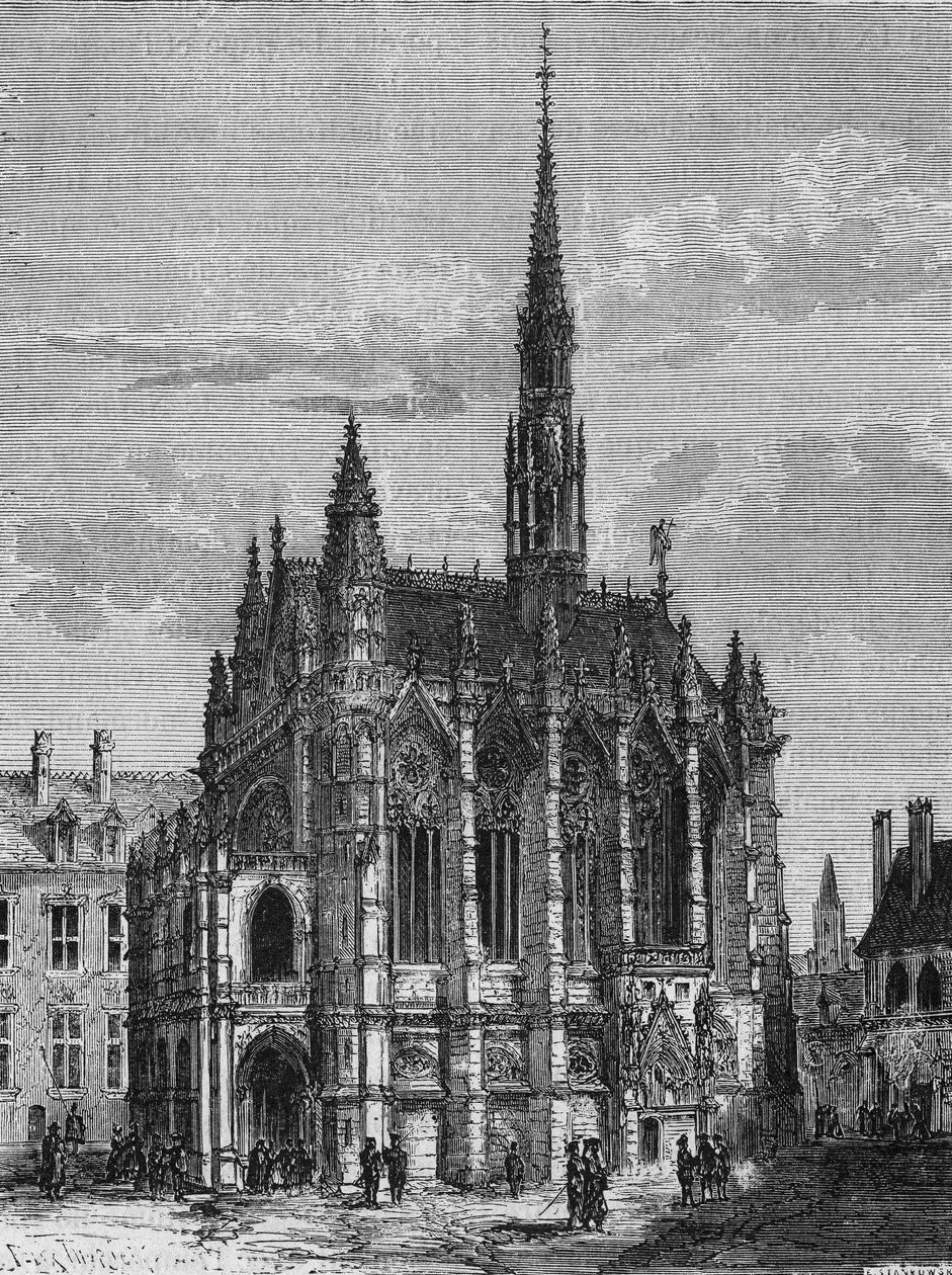 Udsigt over Sainte Chapelle kirken i Paris. Stik fra L