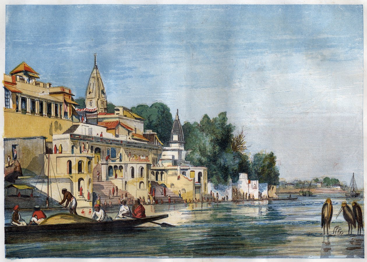 Udsigt over Sutti Chowra Ghat på Ganges, i Cawnpore (Kanpur), Indien i 1857. af Unknown artist