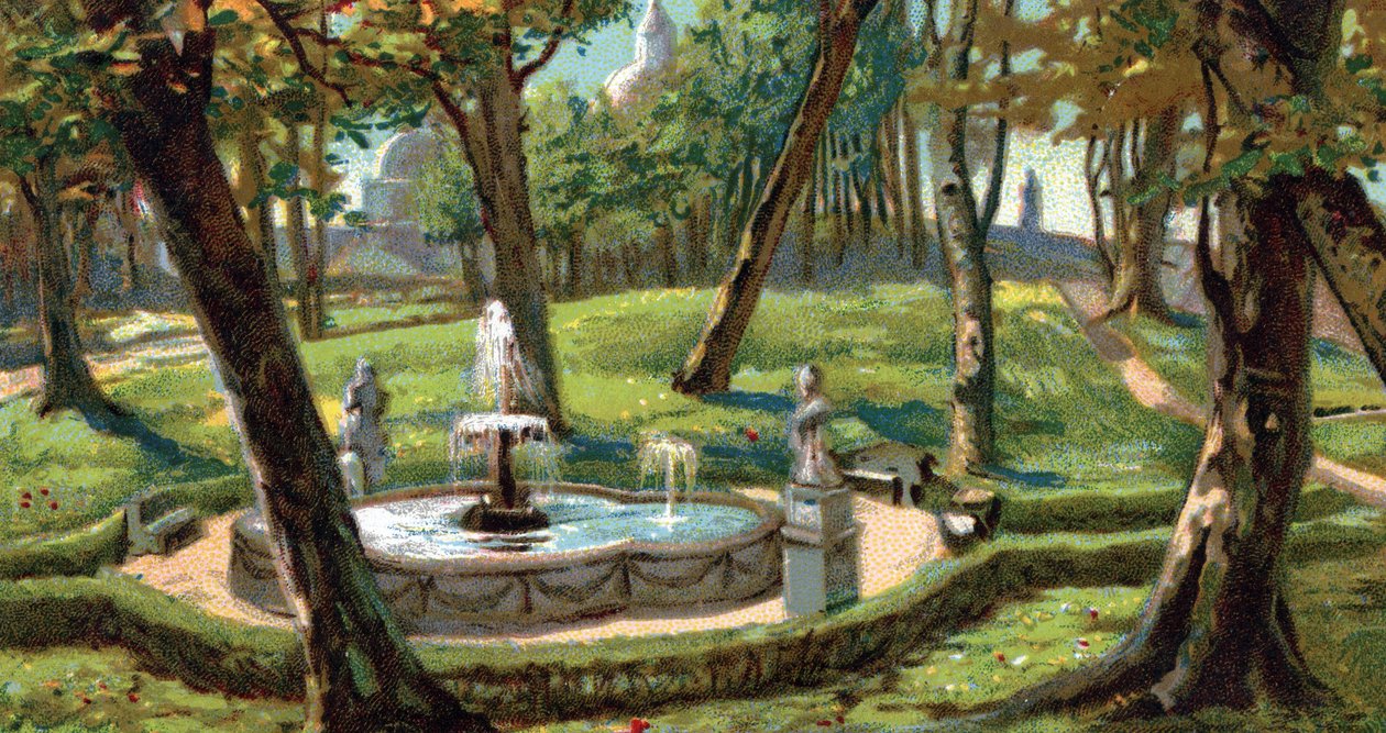 View of the Vatican City Gardens, Rome, Italy (Udsigt over Vatikanets haver, Italien) Kromolitografi fra 1930