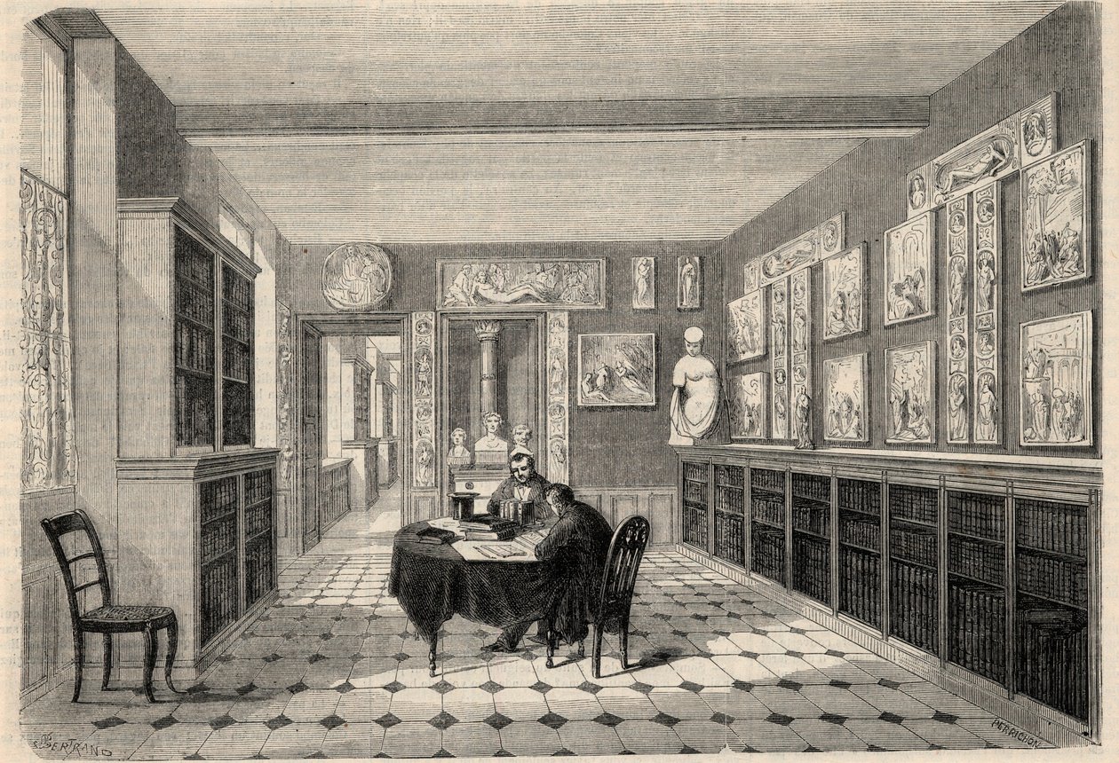 Udsigt over Victor Cousin-biblioteket på Sorbonne-universitetet i Paris. Gravering i "" L