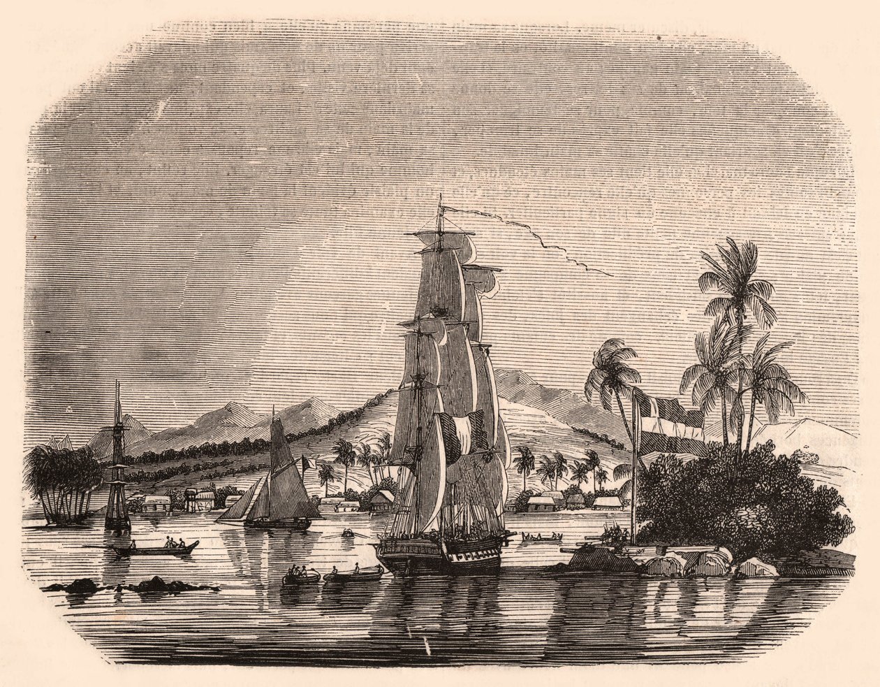 Udsigt over bugten Papeete og blokdronningen, Tahiti, Fransk Polynesien og i forgrunden sejlbåde og både af Unknown