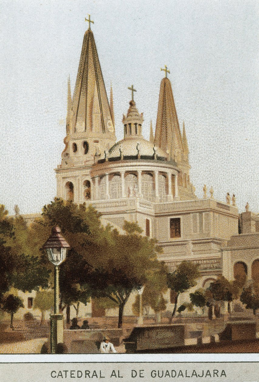 Udsigt over katedralen i Guadalajara i Mexico City, Mexico. Kromolitografi af det 19. århundrede af Unknown artist