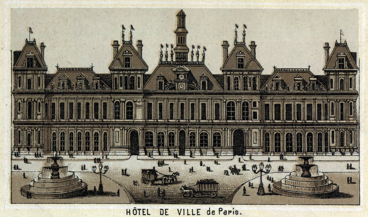 Udsigt over rådhuset i Paris og Place. Kromolitografi fra slutningen af det 19. århundrede. af Unknown artist
