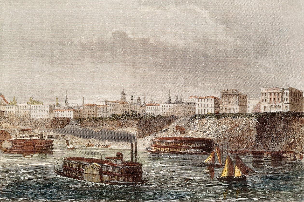 "" Udsigt over byen Cincinnati og floden af samme navn i Ohio "" Damp- og hjulbåde sejler. Indgravering af det 19. århundrede af Unknown artist