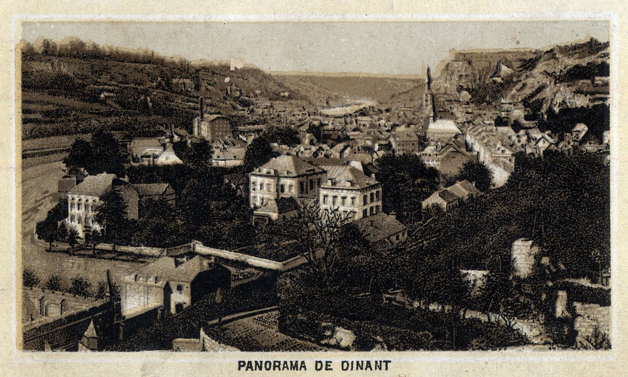 Udsigt over byen Dinant, Vallonien, Belgien. Kromolitografi fra slutningen af det 19. århundrede. af Unknown artist