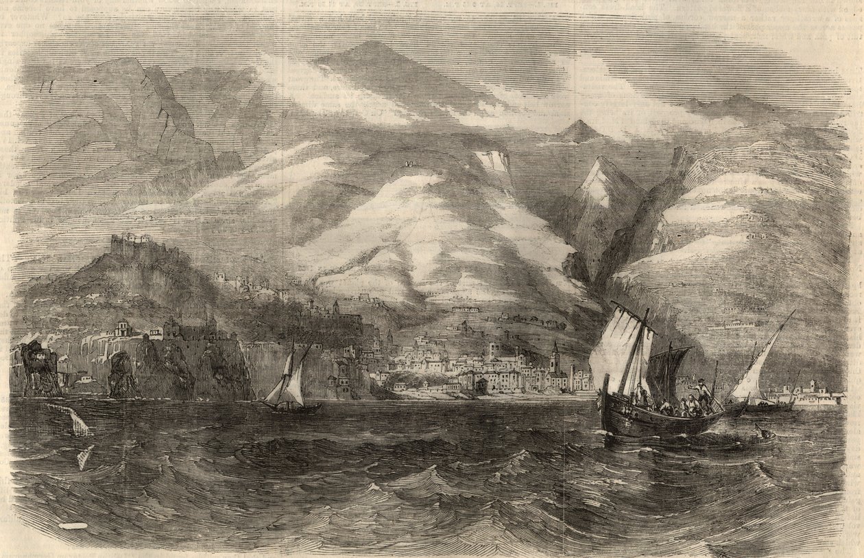 Udsigt over byen Funchal på øen Madere (Madeira) i Portugal. Indgravering i ""The Illustrated London News"" af 29. februar af Unknown artist