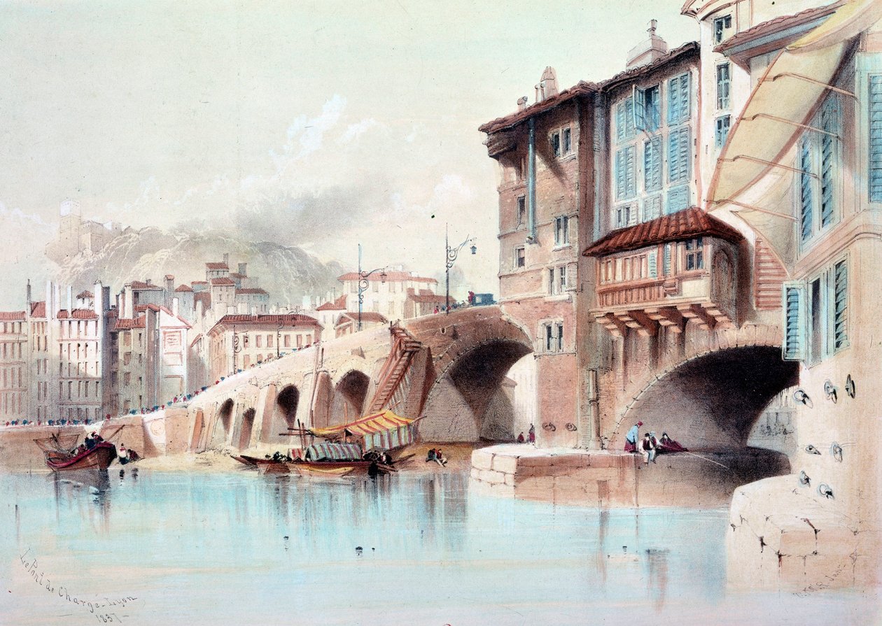 Udsigt over byen Lyon og Pont de Charge. Akvarel fra 1837. Paris, B.N. af Unknown artist