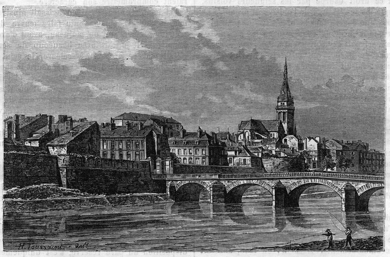 Udsigt over byen Mezieres i slutningen af det 19. århundrede. Indgravering i "" le journal de la Jeunesse "" fra 1888. af Unknown artist