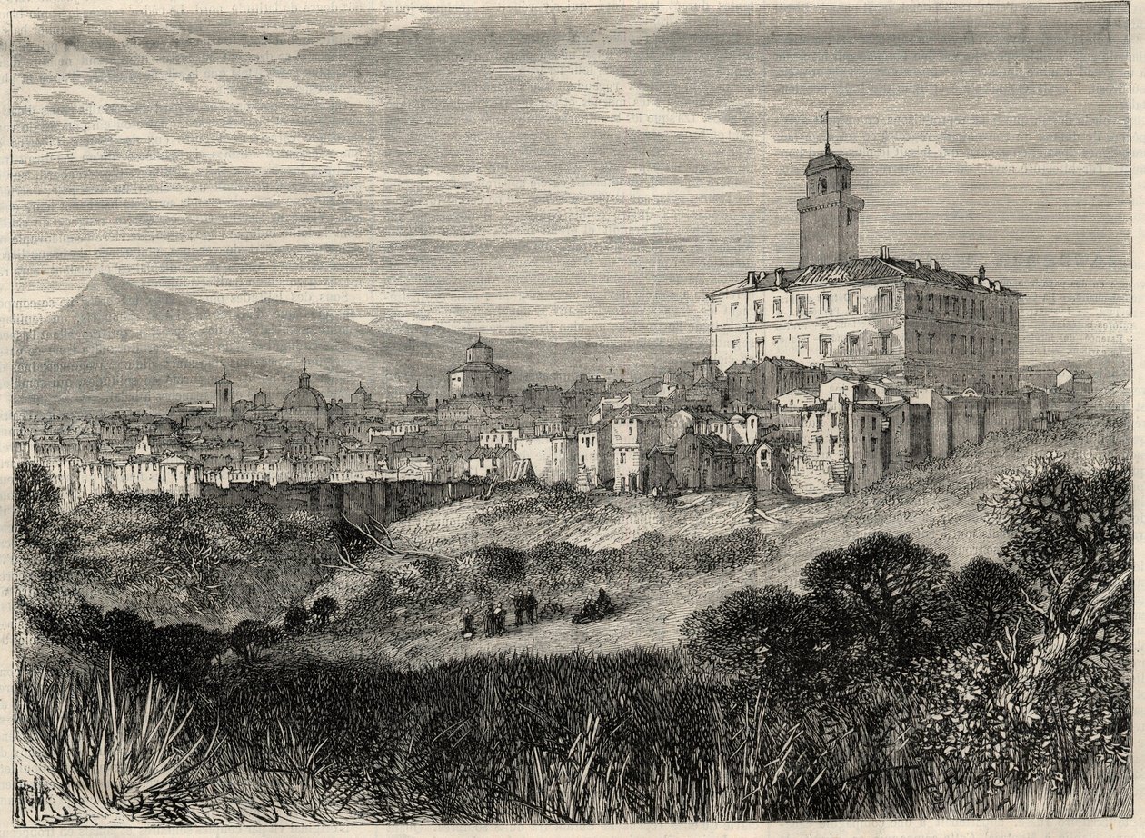 Udsigt over byen Monterotondo (Monte Rotondo, Monte-Rotondo) i Italien. Gravering i "" L