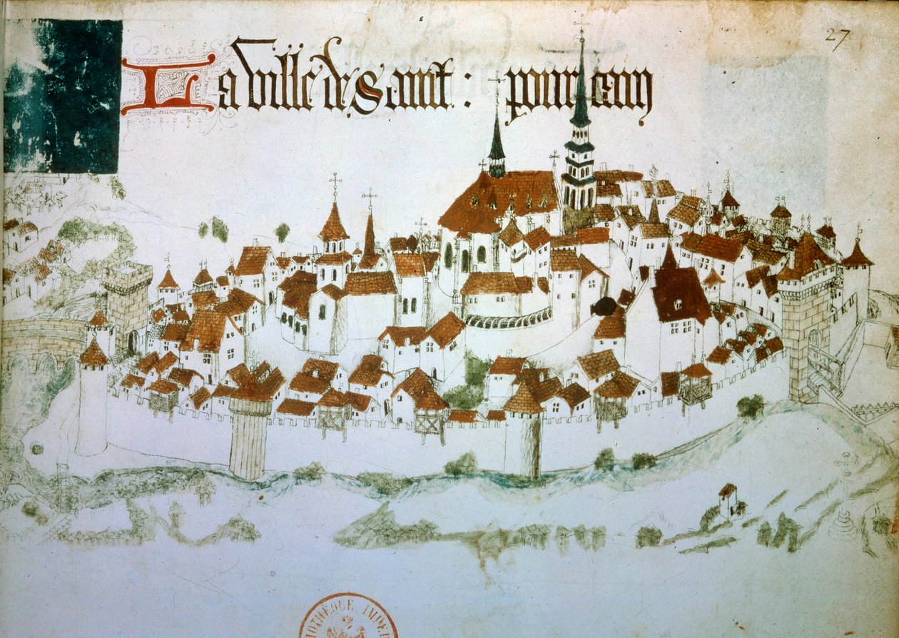 Udsigt over byen Saint Pourcain sur Sioule i Allier i Auvergne. Miniature fra et manuskript fra 1400-tallet. B.N. Paris af Unknown artist