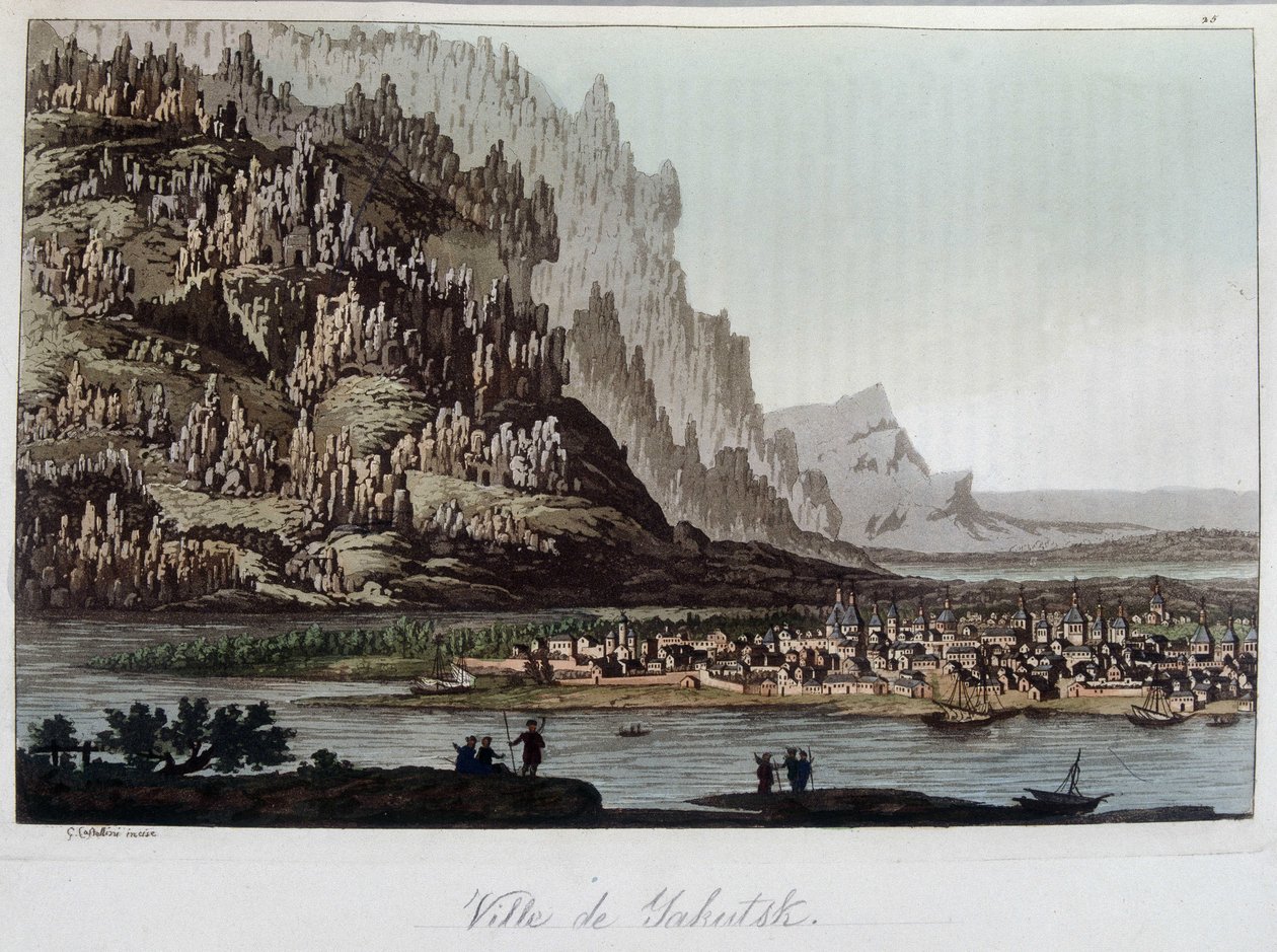 Udsigt over byen Yakutsk i Rusland. I "" Den gamle og moderne dragt"" 1819-1820, af Ferrario. af Unknown artist